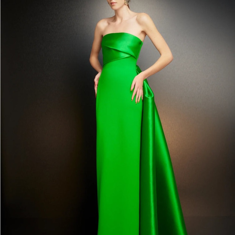 Solace London Green Ruched Strapless Gown